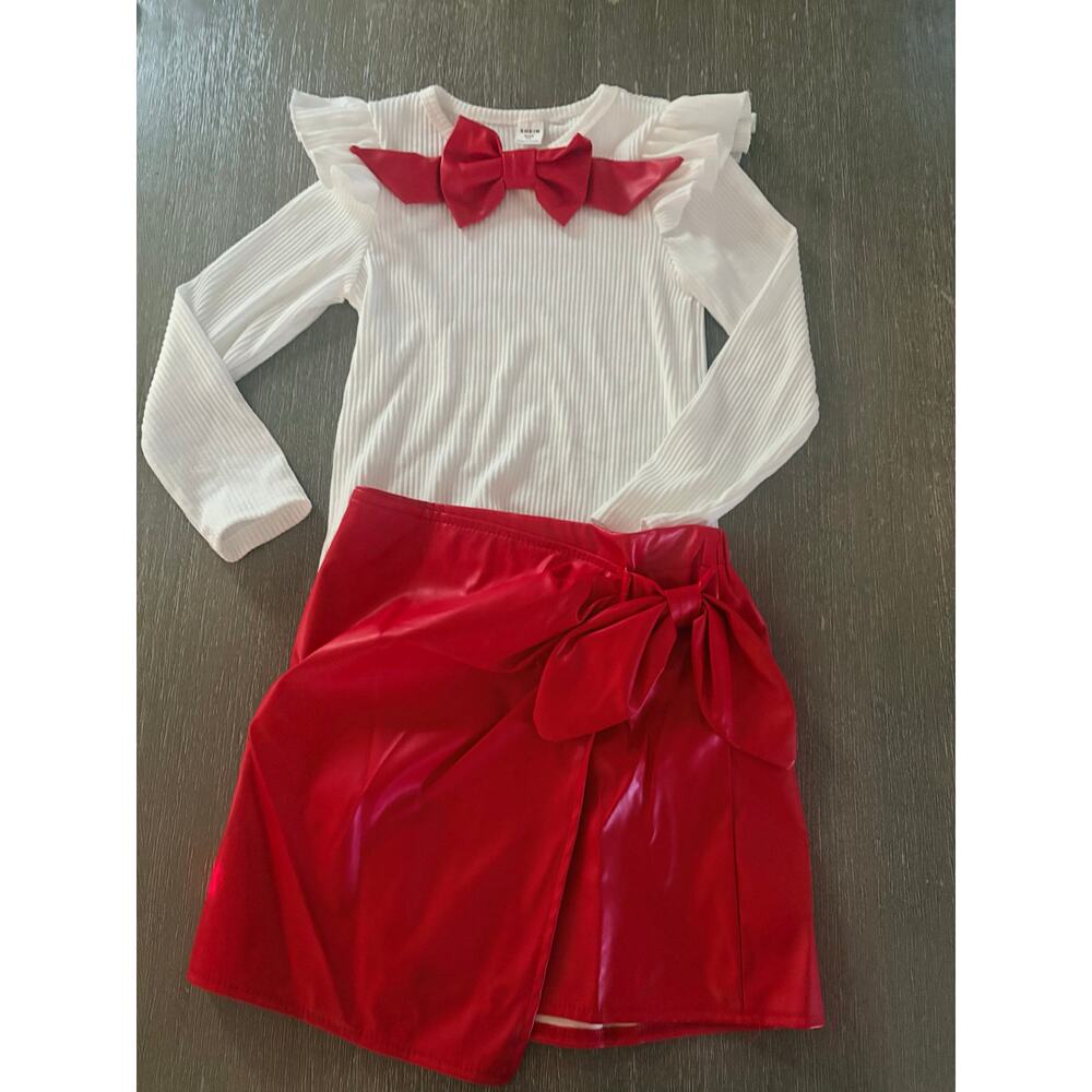 Girls 2pc skirt outfit- white shirt with red bow and red faux leather skirt-7